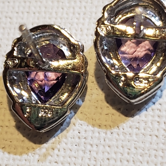 925 Sterling Silver Teardrop Amethyst Post Earrings - Picture 2 of 2